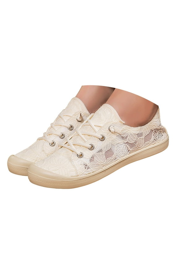 Women's Bridal Flats Breathable Wedding Lace Sneakers Hollow out Casual Walking Slip on Shoes