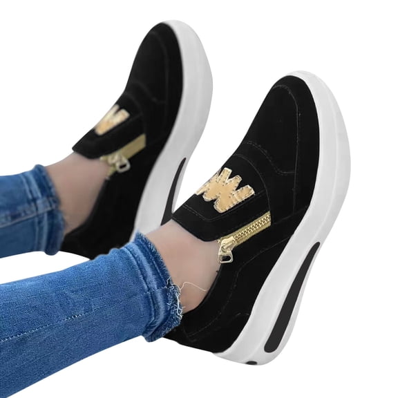 Dakaela Women's Casual Walking Shoes Leather Slip on Sneakers Platform Tennis Work Loafers Black 7.5