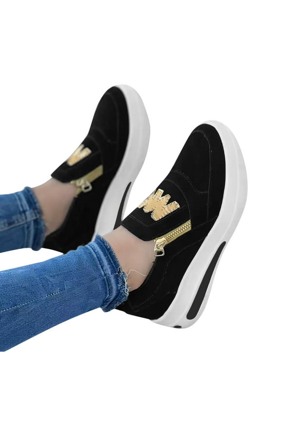 Women's Casual Walking Shoes Leather Slip on Sneakers Platform Tennis Work Loafers Black 8.5