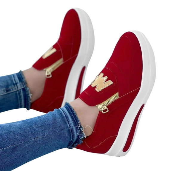 Dakaela Women's Casual Walking Shoes Leather Slip on Sneakers Platform Tennis Work Loafers Red 7.5