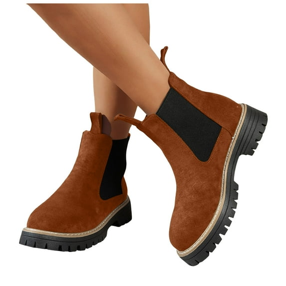 Dakaela Women's Chelsea Ankle Boots Chunky Low Heel Slip on Booties Lug Sole Elastic Fall Winter Work Boots Brown 8.5