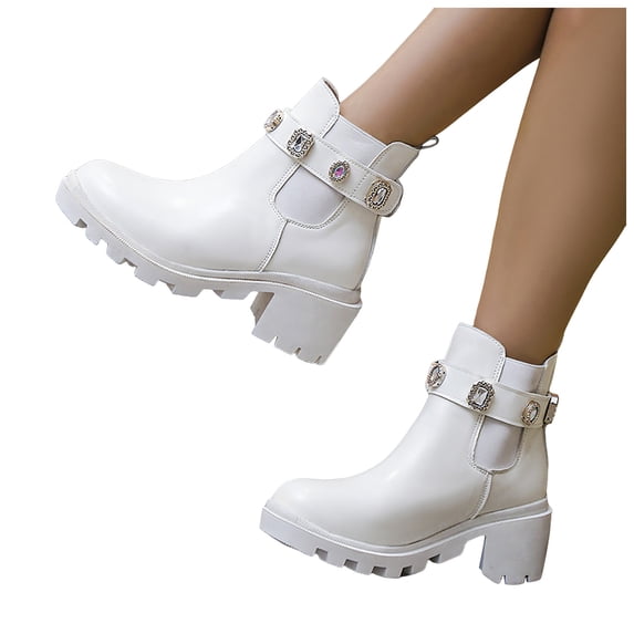 Dakaela Women's Chelsea Boots Chunky Heel Slip on Ankle Booties Lug Sole Platform 2025 Fashion Fall Winter Dress Shoes White Size 6