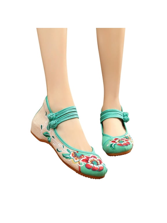 Women's Chinese Embroidered Flats Flower Traditional Mary Jane Ballet Yoga Flat Shoes Rubber Sole Dressy Casual Walking Loafers with Ankle Straps,Green 7.5
