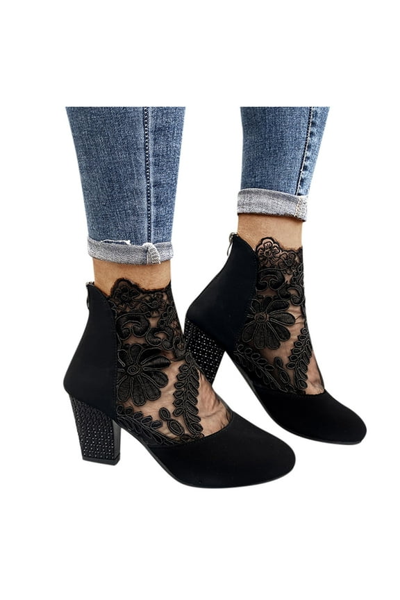 Women's Ankle Boots Embroidery Dress Heels Pumps Closed Toe Slip on Booties Size 6-11