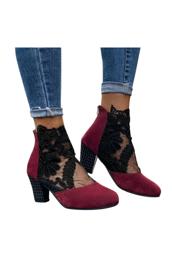 Women's Ankle Boots Embroidery Dress Heels Pumps Closed Toe Slip on Booties Size 6-11