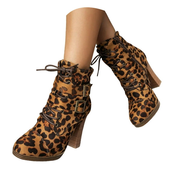 Dakaela Women's Chunky Heel Ankle Booties Lace up Buckles Combat Boots Leopard Motorcycle Riding Shoes