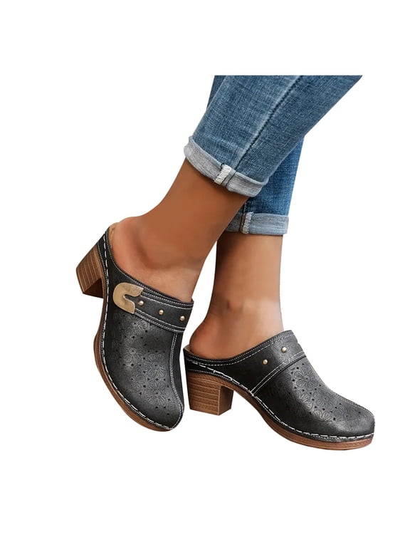Women's Chunky Heel Mules Closed Toe Leather Backless Clogs Wide Width Slip on Slide Pumps Retro Casual Loafers Shoes Black 9.5