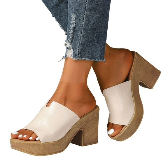 Dakaela Women's Chunky Heeled Sandal Leather Platform Wedge Slides Arch Support Dress Slip on Pumps