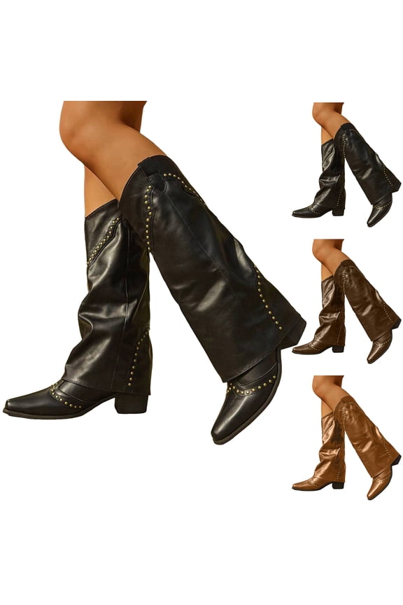 Women's Chunky Knee High Boots Fold Over Dressy Pull on Tall Boot Wide Calf Western Cowboy Boots