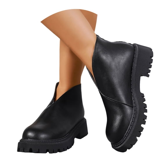 Dakaela Women's Chunky Slip on Booties V Cutout Platform Ankle Boots Leather Fall Dress Walking Shoes