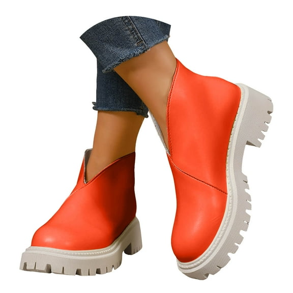 Dakaela Women's Chunky Slip on Booties V Cutout Platform Ankle Boots Leather Fall Dress Walking Shoes