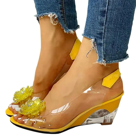 Dakaela Women's Clear Slingback Wedge Sandals Rhinestone Flower Peep Toe Casual Walking Heels Shoes