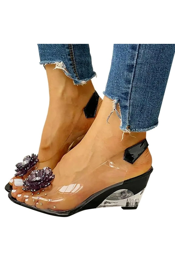 Women's Clear Slingback Wedge Sandals Rhinestone Flower Peep Toe Casual Walking Heels Shoes