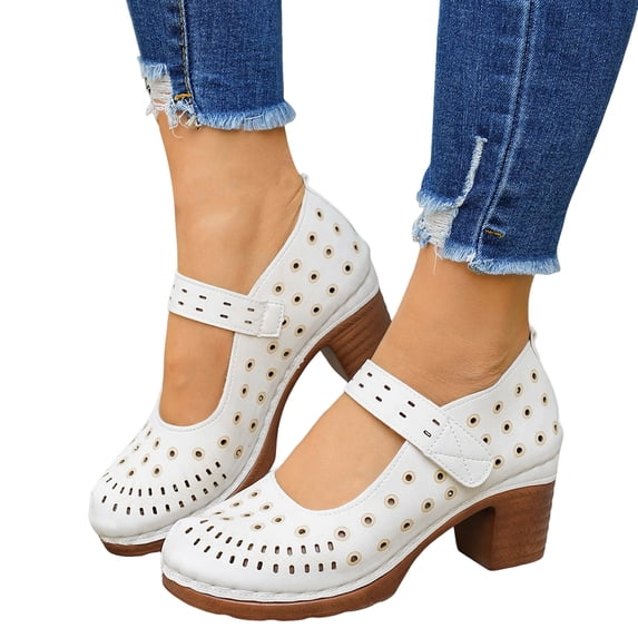 Dakaela Women’s Closed Toe Sandals Chunky Block Heel Slip On Dressy Summer Shoes Breathable Hollow out Walking Work Pumps (10.5,White)