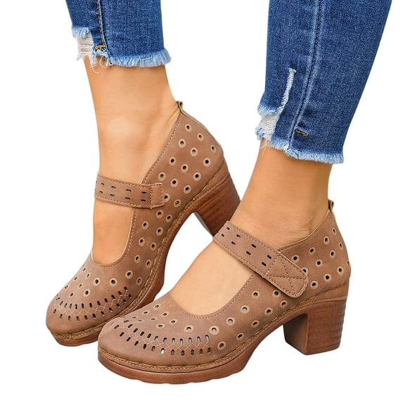 Dakaela Women’s Closed Toe Sandals Chunky Block Heel Slip On Dressy Summer Shoes Breathable Hollow out Walking Work Pumps (7,Brown)