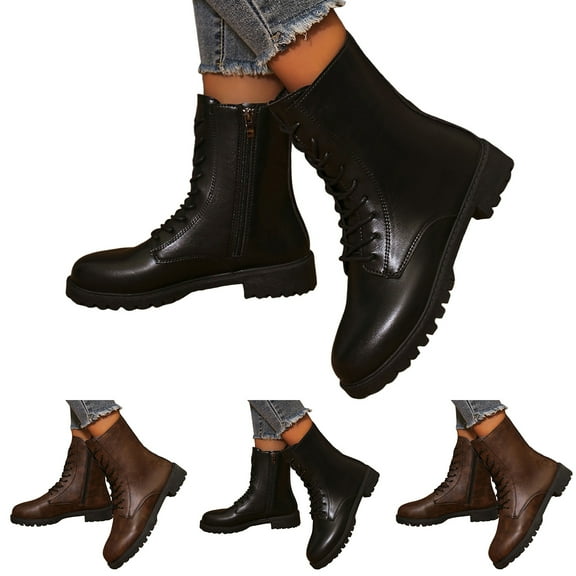 Dakaela Women's Combat Ankle Boots Lace up Military Mid Calf Booties Classic Causal Motorcycle Riding Shoes Black 6.5