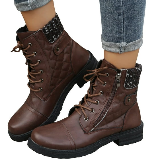 Dakaela Women's Combat Ankle Boots Lace up Military Short Fall Booties Comfortable Side Zipper Motorcycle Riding Shoes