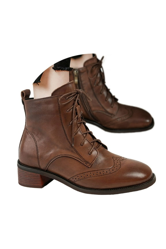 Women's Combat Boots Lace up Low Heel Ankle Booties Leather Casual Slip on Dressy Shoes