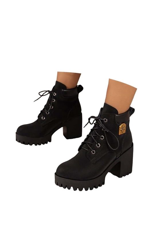 Women's Combat Boots Lightweight Lace up Ankle Booties Chunky High Heel Platform Dress Shoes