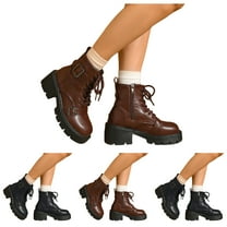 Dakaela Women's Combat Boots Platform Chunky Mid Calf Booties Buckle Side Zipper Goth Motorcycle Riding Shoes Black 6