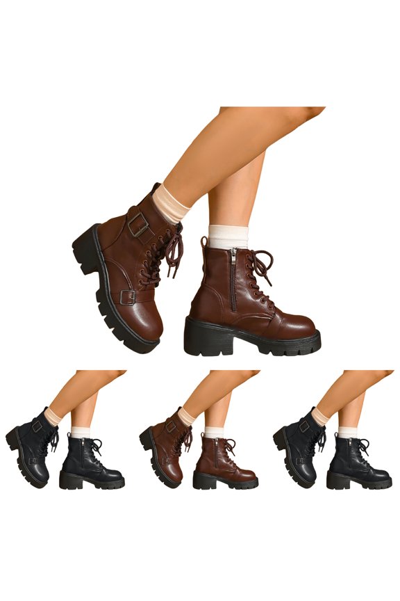 Women's Combat Boots Platform Chunky Mid Calf Booties Buckle Side Zipper Goth Motorcycle Riding Shoes Black 6