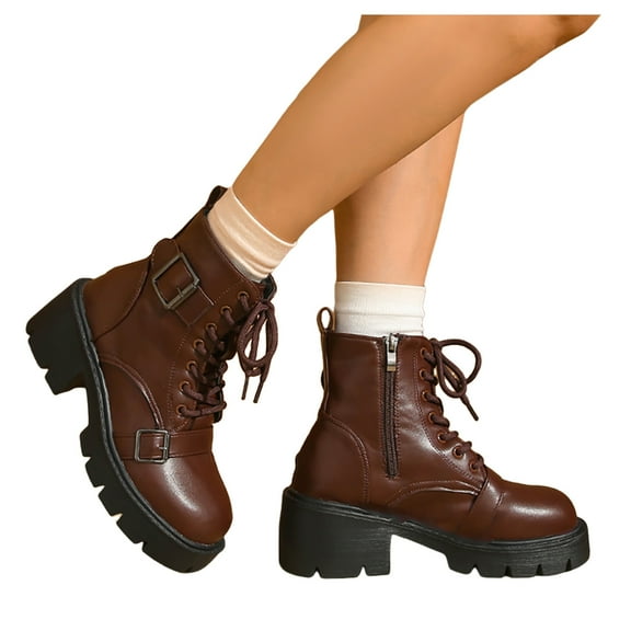 Dakaela Women's Combat Boots Platform Chunky Mid Calf Booties Buckle Side Zipper Goth Motorcycle Riding Shoes Brown 8