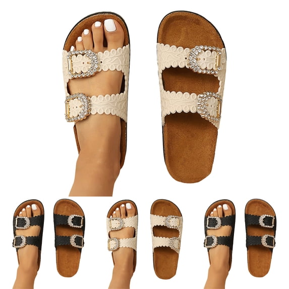 Dakaela Women's Cork Footbed Sandals Comfortable Rhinestone Two Buckles Summer Shoes Casual Work Walking Slip on Slides Size 7