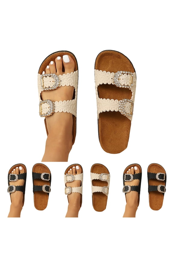 Women's Cork Footbed Sandals Comfortable Rhinestone Two Buckles Summer Shoes Casual Work Walking Slip on Slides Size 8