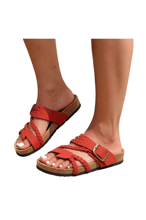 Women's Cork Footbed Sandals with Arch Support Comfortable Slip on Slides Braided Strappy Walking Casual Summer Flip Flops Shoes Red,7