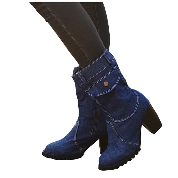 Dakaela Women's Cowboy Ankle Boots Chunky Heel Wide Calf Western Booties Round Toe Dress Jeans Denim Cowgirl Boot Blue 7