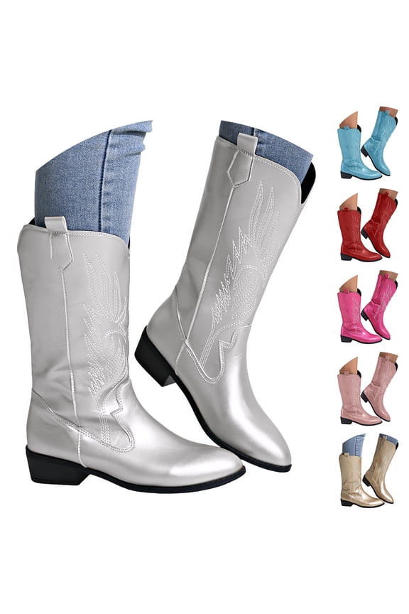 Women's Cowboy Boots Metallic Cowgirl Mid Calf Booties Western Chunky Heel Pull on Country Shoes