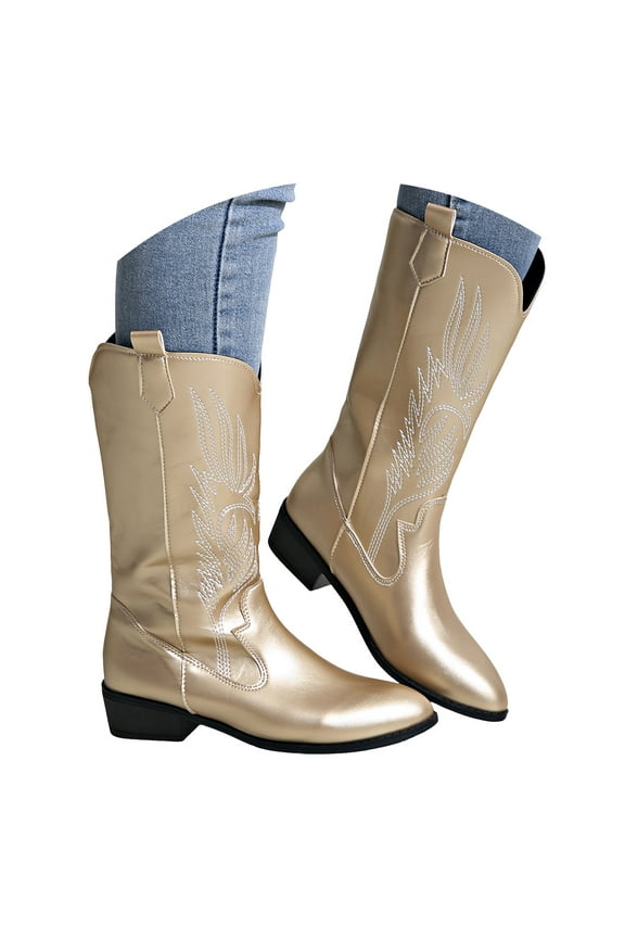 Women's Cowboy Boots Metallic Cowgirl Mid Calf Booties Western Chunky Heel Pull on Country Shoes