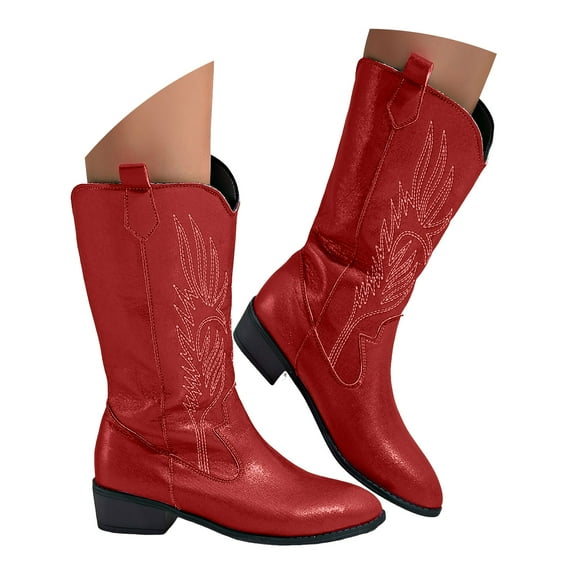 Dakaela Women's Cowboy Boots Metallic Cowgirl Mid Calf Booties Western Chunky Heel Pull on Country Shoes
