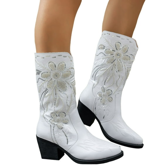 Dakaela Women's Cowboy Boots Pull on Cowgirl Mid Calf Boot Embroidered Chunky Heel Western Booties White 6.5