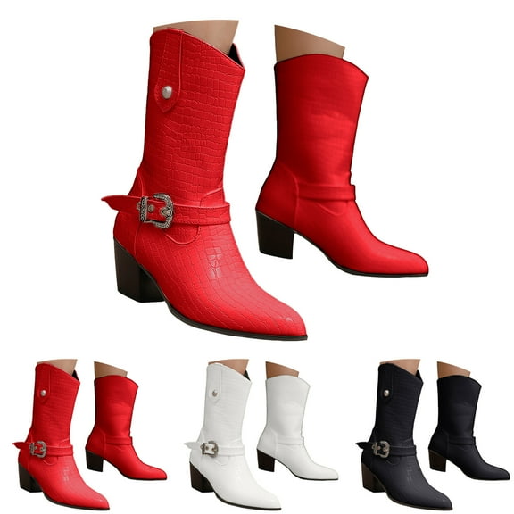 Dakaela Women's Cowboy Boots Pull on Leather Cowgirl Western Boot Chunky Heel Wide Mid Calf Short Booties Black 7.5