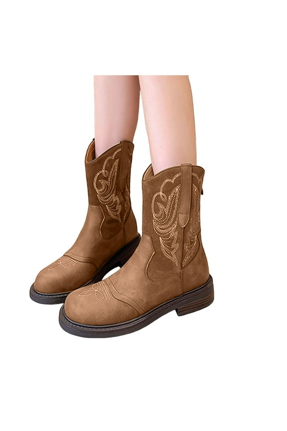 Women's Cowboy Boots Western Cowgirl Round Toe Ankle Booties Embroidery Casual Walking Slip on Shoes
