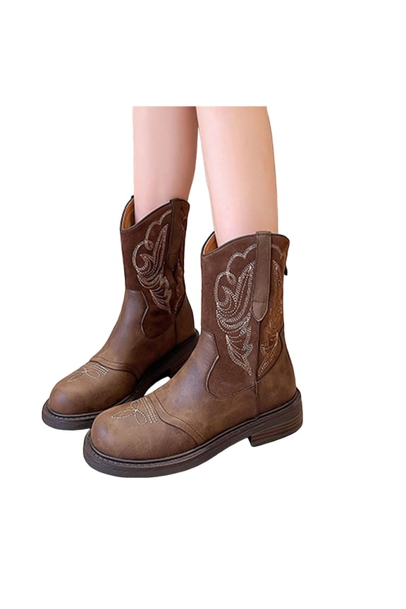 Women's Cowboy Boots Western Cowgirl Round Toe Ankle Booties Embroidery Casual Walking Slip on Shoes