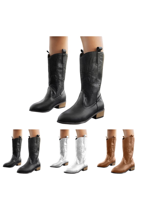Women's Cowboy Boots Wide Calf Pull on Cowgirl Western Booties Embroidered Pointed Toe Country Work Knee High Boot Black 6.5