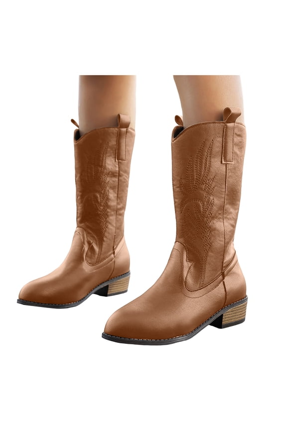 Women's Cowboy Boots Wide Calf Pull on Cowgirl Western Booties Embroidered Pointed Toe Country Work Knee High Boot Brown 7.5
