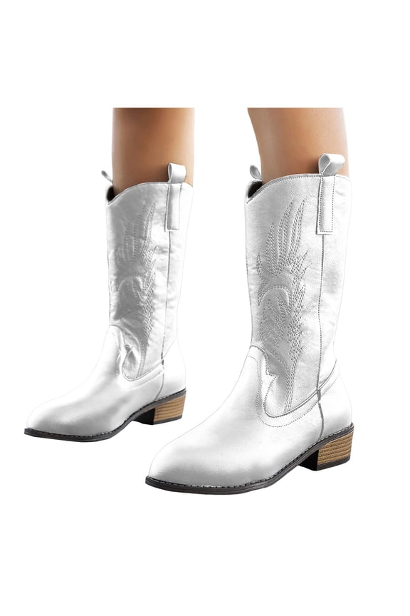 Women's Cowboy Boots Wide Calf Pull on Cowgirl Western Booties Embroidered Pointed Toe Country Work Knee High Boot White 6.5