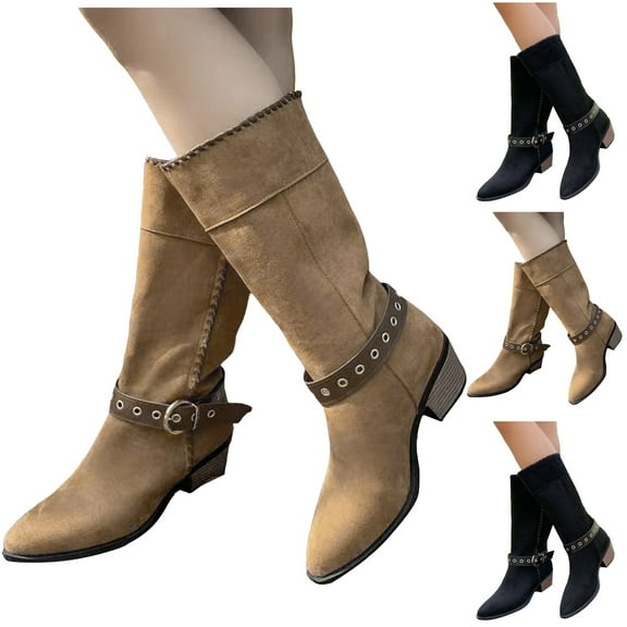 Dakaela Women's Cowgirl Boots Buckle Wide Mid Calf Western Cowboy Boot Pointy Toe Riding Knee High Tall Boots Black 8.5