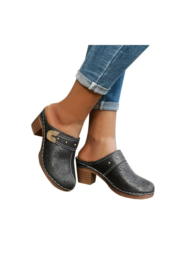 Women's Cutout Backless Mules Closed Toe Slip on Stacked Heeled Sandals Shoes Black 8.5