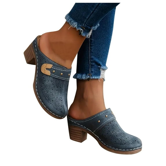 Dakaela Women's Cutout Backless Mules Closed Toe Slip on Stacked Heeled Sandals Shoes Blue 7