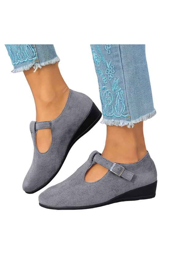 Women's Dress Flats Ballet Low Wedge Round Toe Ankle Strap Comfortable Casual Business Office Work Loafers for Walking Driving Grey 9.5