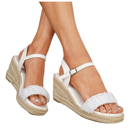 Dakaela Women's Espadrille Wedge Sandals Ankle Strap Platform Open Toe Dressy Summer Shoes 2.95 Inch Comfortable High Heeled Slip on Sandal White 7.5