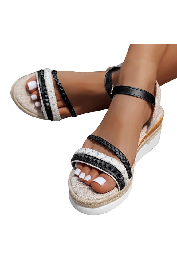 Women's Espadrille Wedge Sandals Flower Ankle Strap Platform Summer Shoes Braided Open Toe Dressy Casual Slip on Sandal Size 6-10 Black