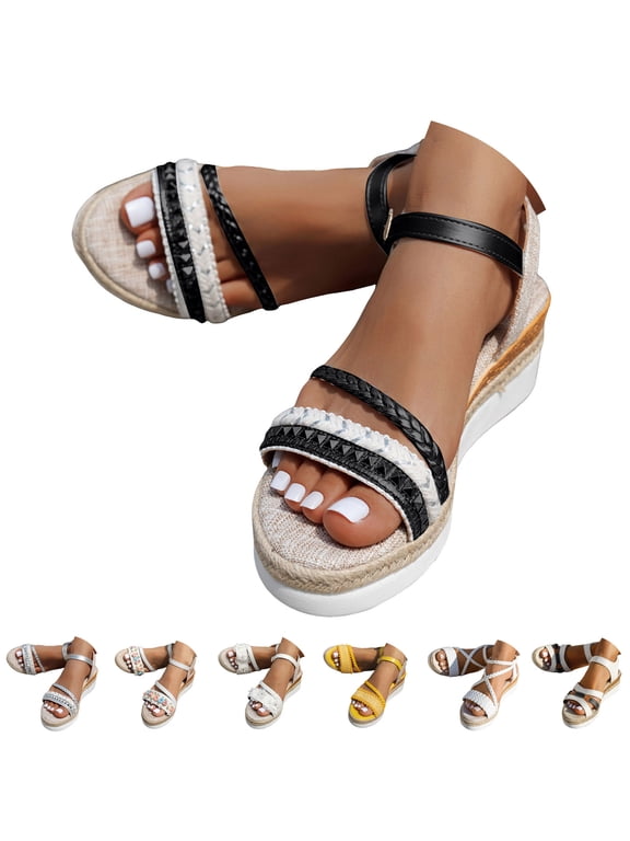Women's Espadrille Wedge Sandals Flower Ankle Strap Platform Summer Shoes Braided Open Toe Dressy Casual Slip on Sandal Size 6-10 Yellow