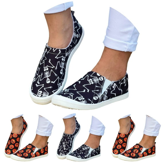 Dakaela Women's Fashion Sneakers Halloween Slip on Walking Shoes Pumpkin Ghost Party Flats Loafers