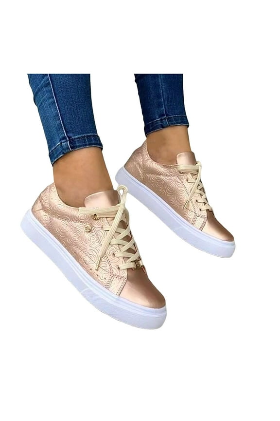 Women's Fashion Sneakers Lace up Low Top Cushioned Walking Shoes Comfort Casual Flats Gold 6.5