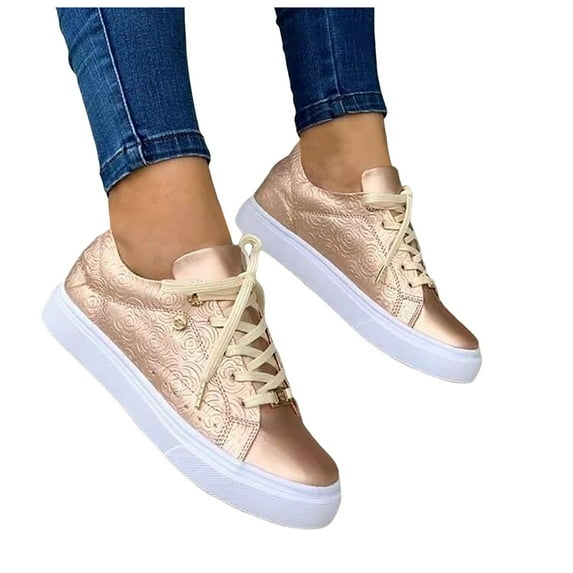 Dakaela Women's Fashion Sneakers Lace up Low Top Cushioned Walking Shoes Comfort Casual Flats Gold 7.5